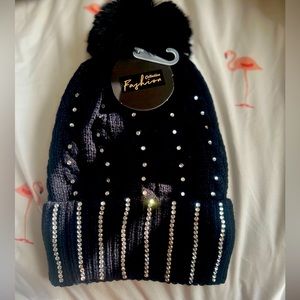 Black Warm winter hat with rhinestones and fur lining